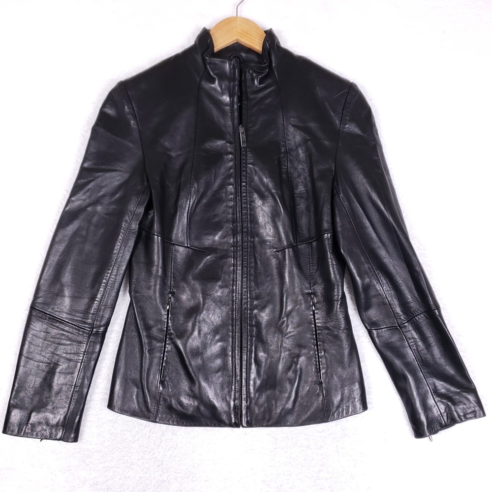 Kenneth Cole New York Leather Jacket Womens XS Black Full Zip Matrix Goth Biker